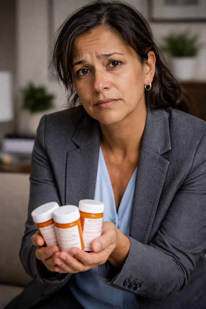 Stressed Latina-professional-woman with multiple pill bottles